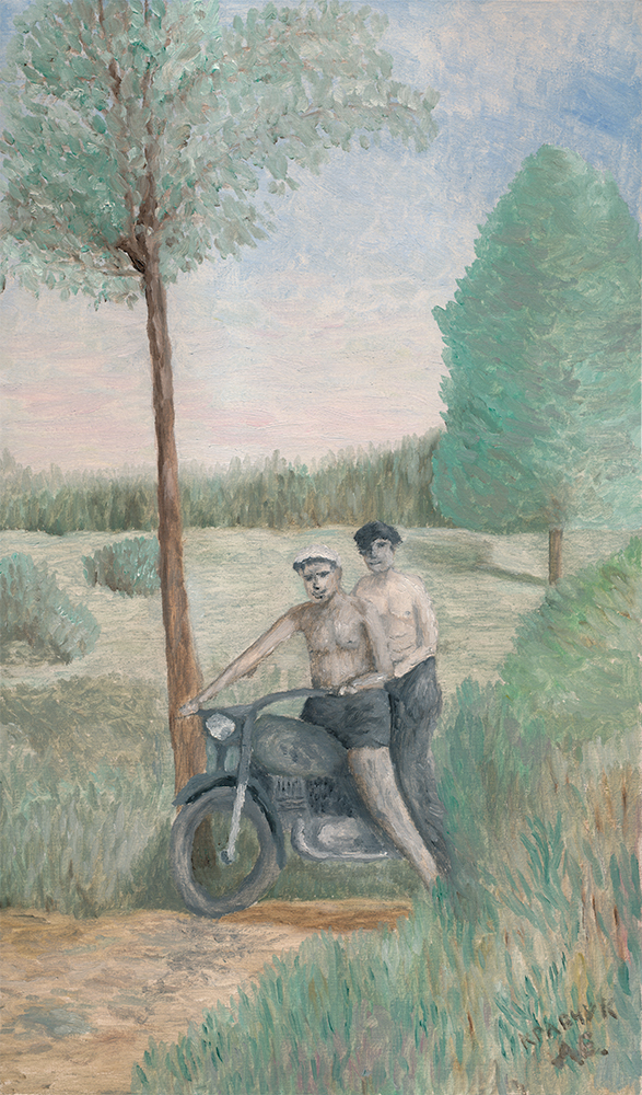 Картина - "Мотоциклисты на природе"