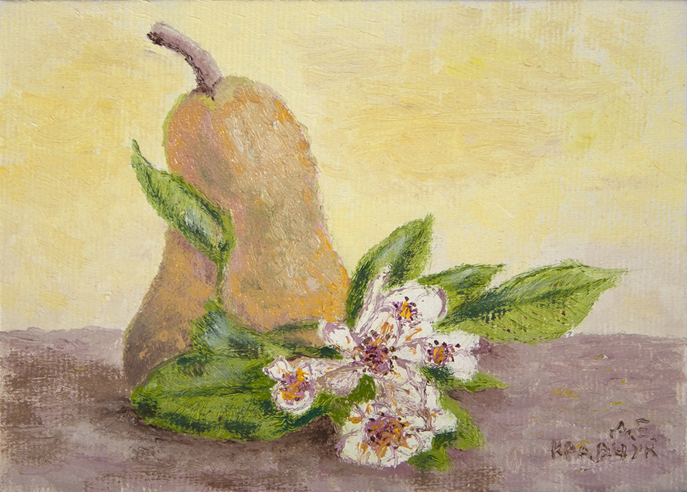 Картина - "Натюрморт с грушей и цветами"