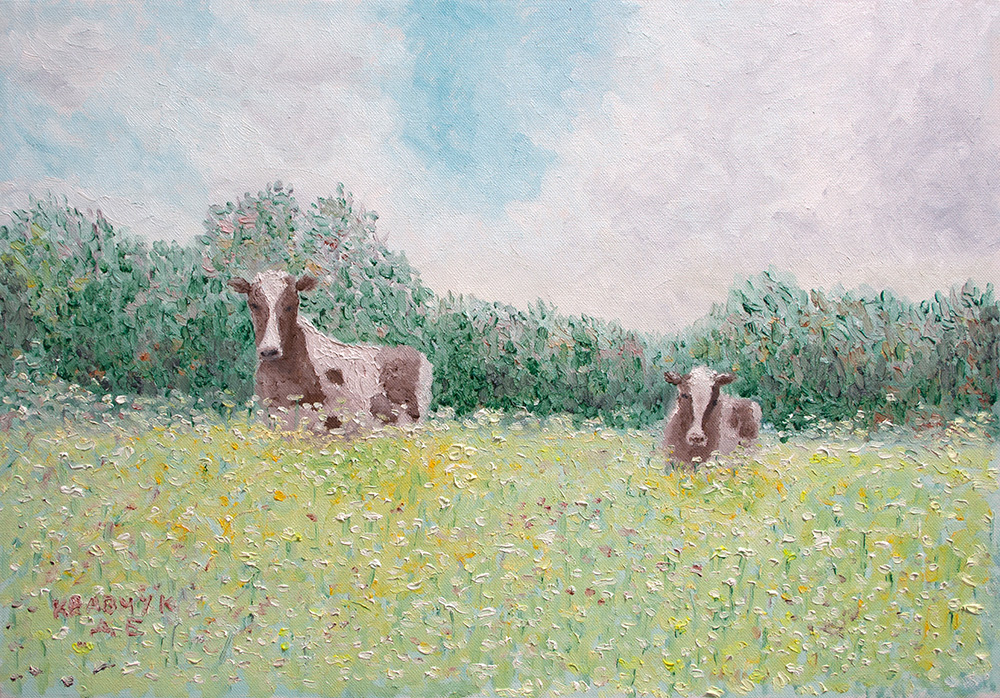 Картина - "Пейзаж с коровами"